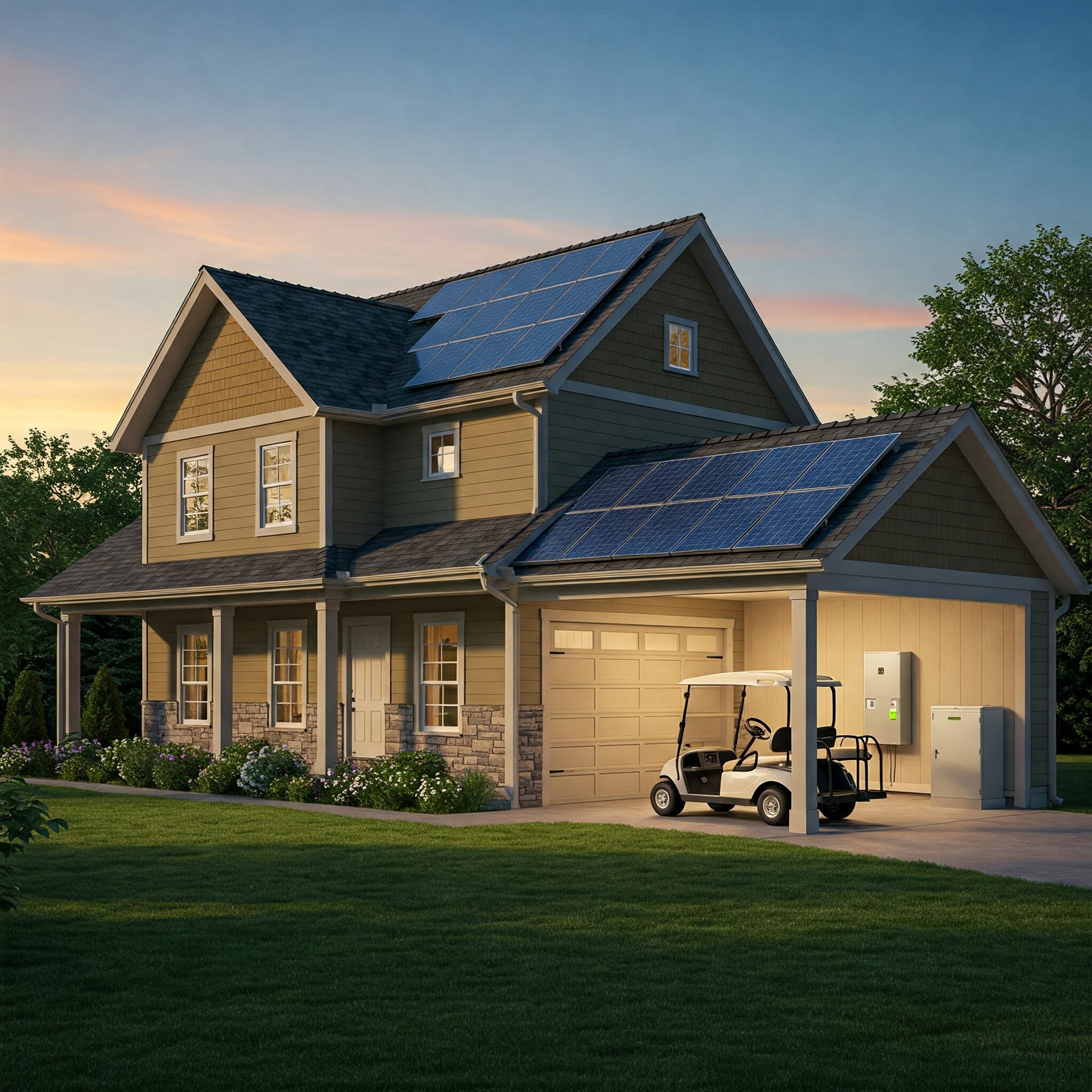 A house with solar panels, a battery energy storage system, and an electric golf cart in the garage